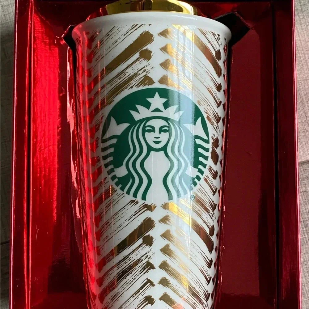 Starbucks Tumbler New with Tags Gold Chevron Ceramic 2015 Christmas Release